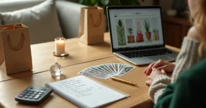 Tarot e lista de compras ao lado de bolsas de loja e calculadora sobre a mesa