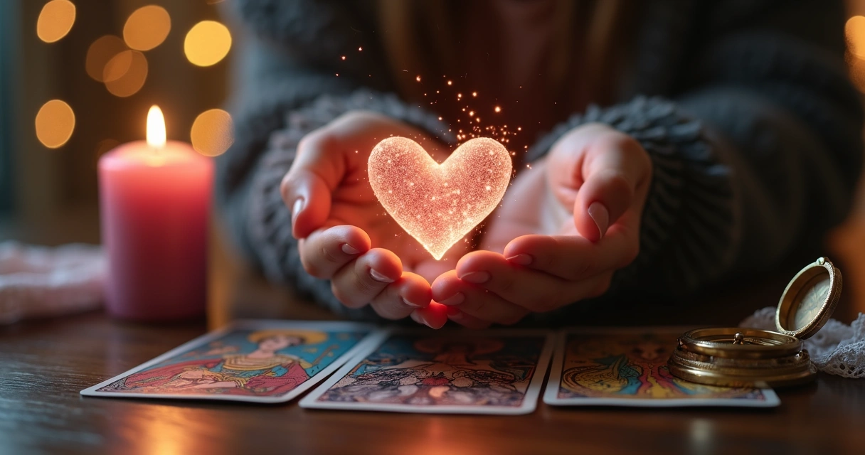 Leitora de tarot vê coração luminoso surgindo de carta em mesa iluminada por vela