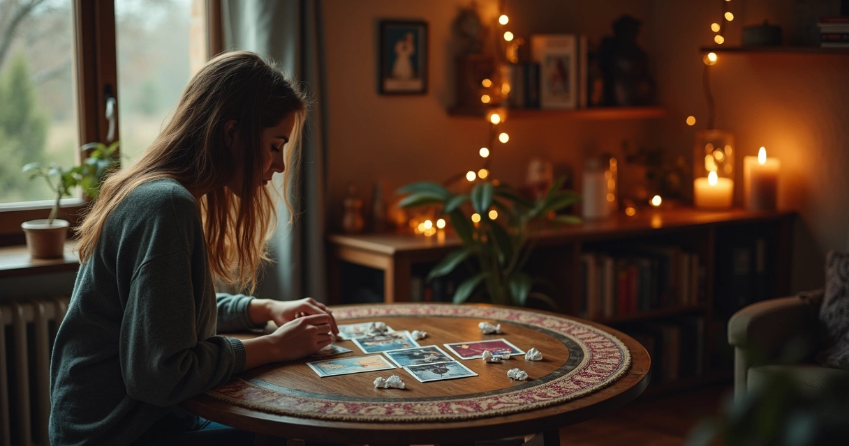 Mulher analisa cartas de tarot em formato de cruz refletindo sobre relacionamento passado