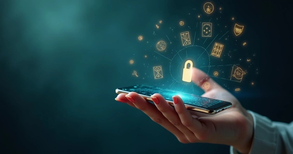 Mão segurando celular com site de tarot online e ícone de segurança digital