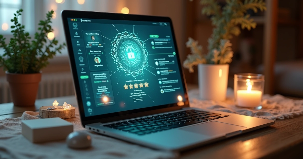 Tela de notebook exibindo plataforma de Tarot com cadeado digital luminoso