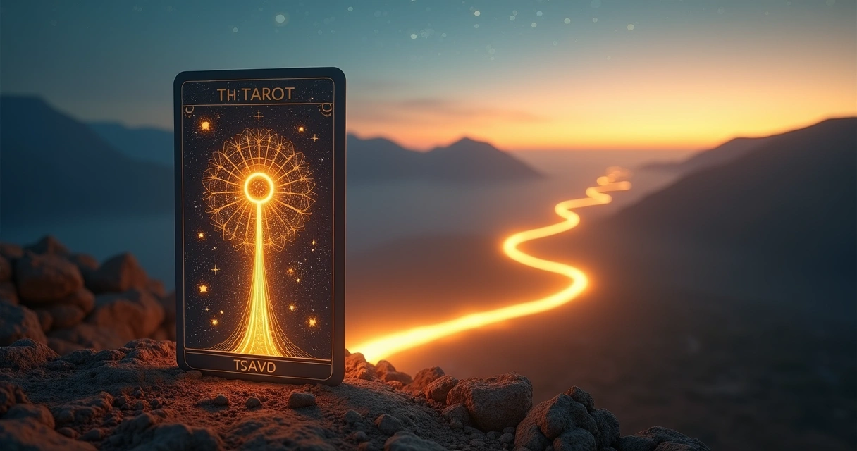 Estrada se abrindo em vários caminhos iluminados saindo de carta de tarot