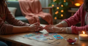 Casal dando as mãos sobre cartas de tarot em clima de reconciliação espiritual