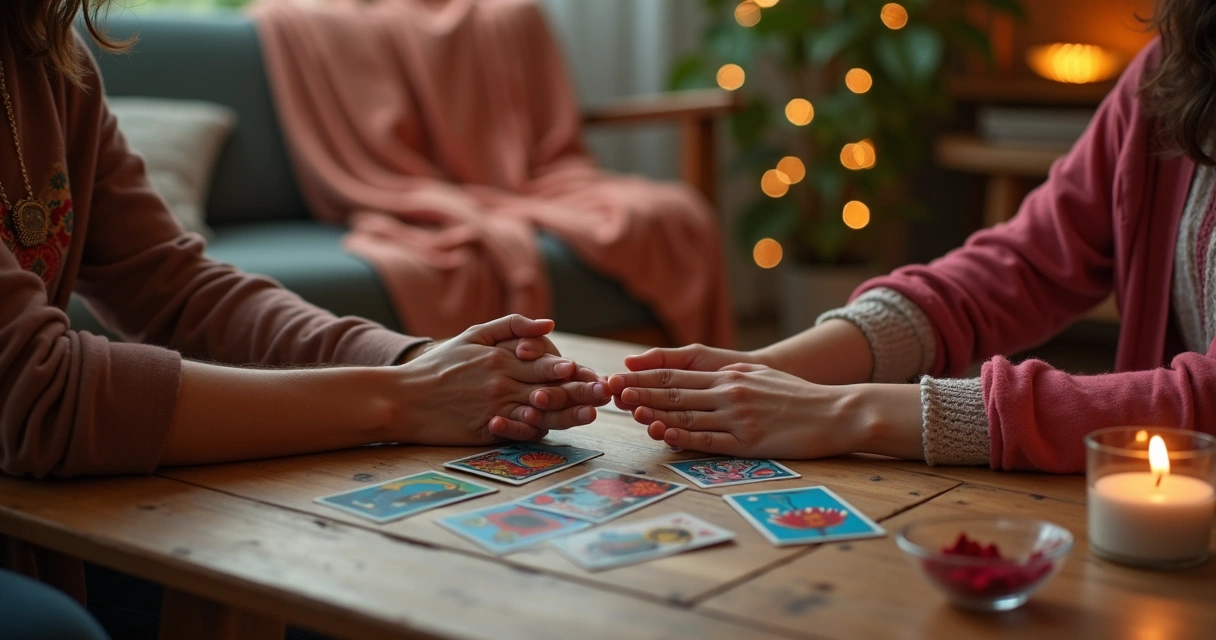 Casal dando as mãos sobre cartas de tarot em clima de reconciliação espiritual
