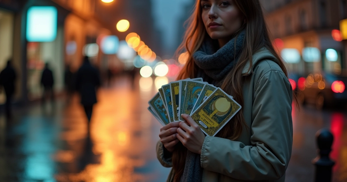 Mulher com cartas de tarot na mão caminhando à noite em rua iluminada