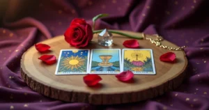 Tarot com três cartas voltadas ao amor em mesa mística