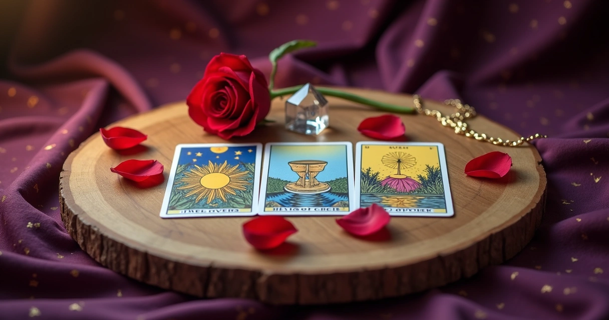 Tarot com três cartas voltadas ao amor em mesa mística