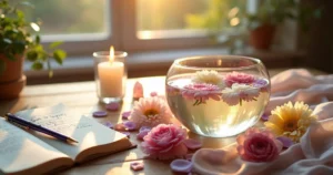 Altar com flores frescas coloridas usado em ritual de transformação emocional