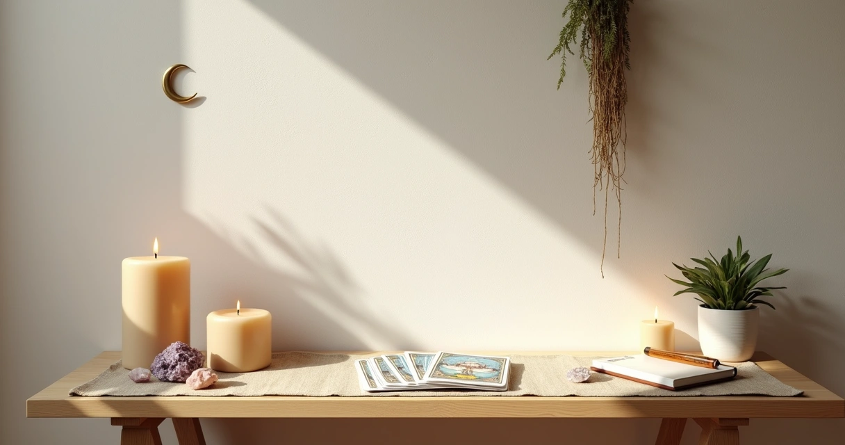 Altar de tarot minimalista com velas incensos e cristais ao amanhecer