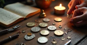 Moedas sendo transformadas em amuletos sobre mesa de madeira rústica