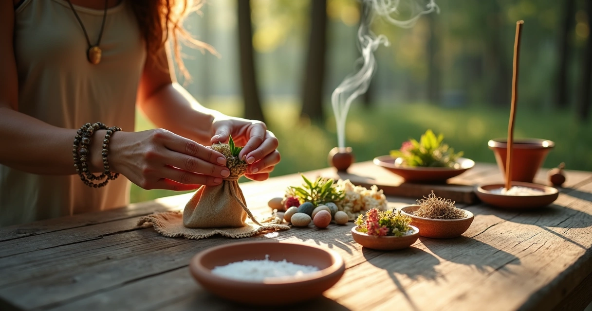 Mãos femininas montando amuletos naturais sobre mesa na floresta