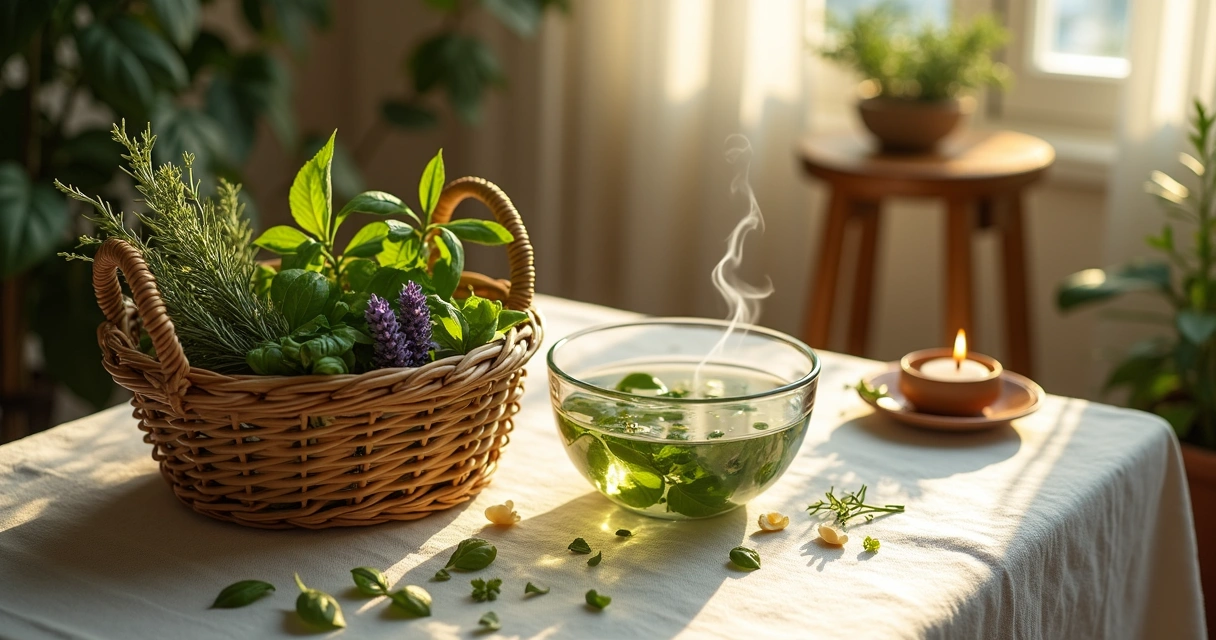 Altar com plantas sagradas frescas iluminado por luz suave ao entardecer