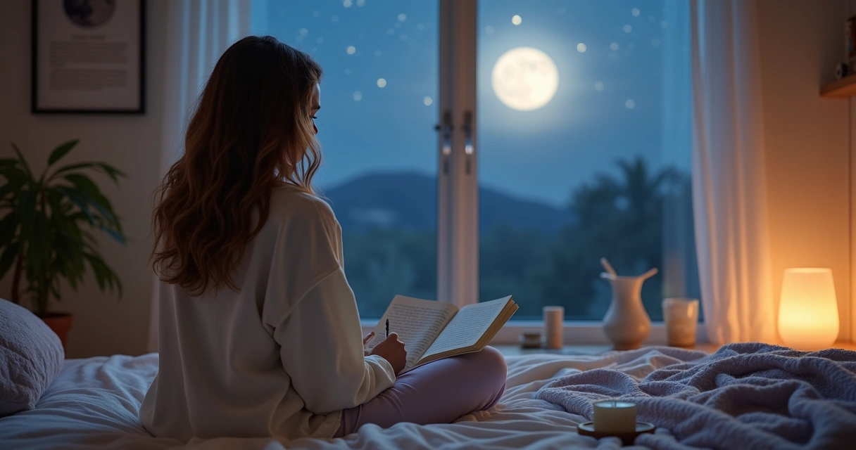 Mulher observando a lua pela janela enquanto registra emoções em diário