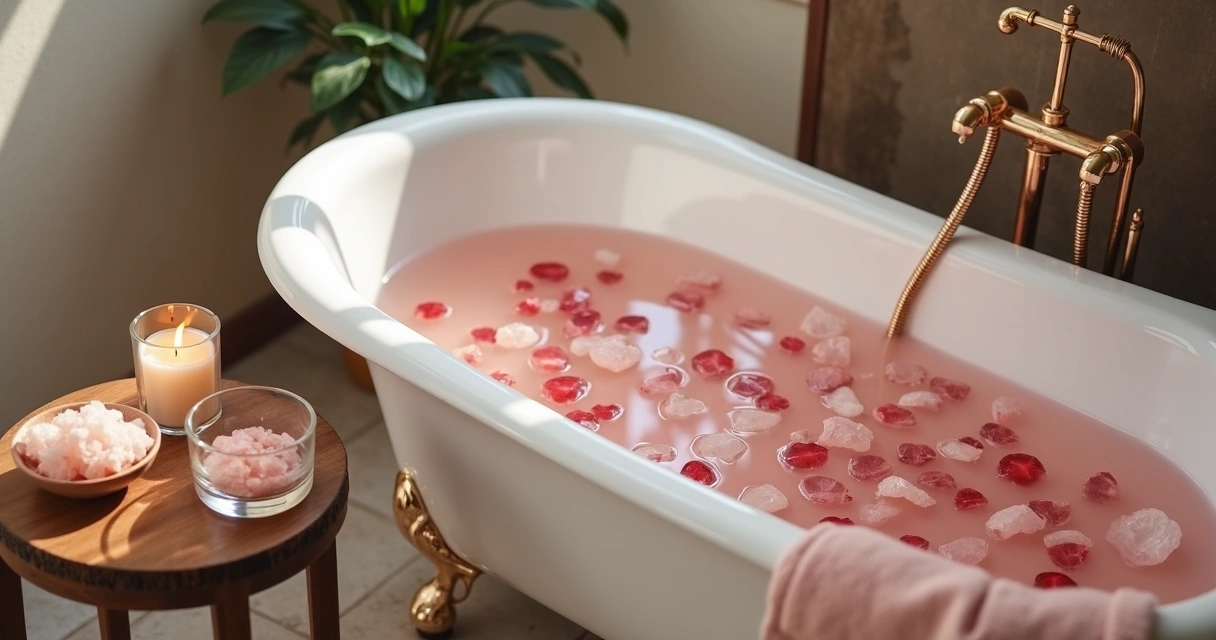 Banheira com quartzo rosa e pétalas criando clima de banho amoroso