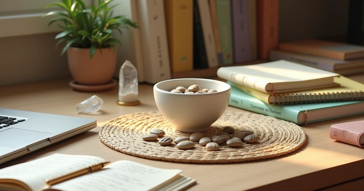 Mesa com búzios e cadernos coloridos simbolizando escolha de estudos espirituais