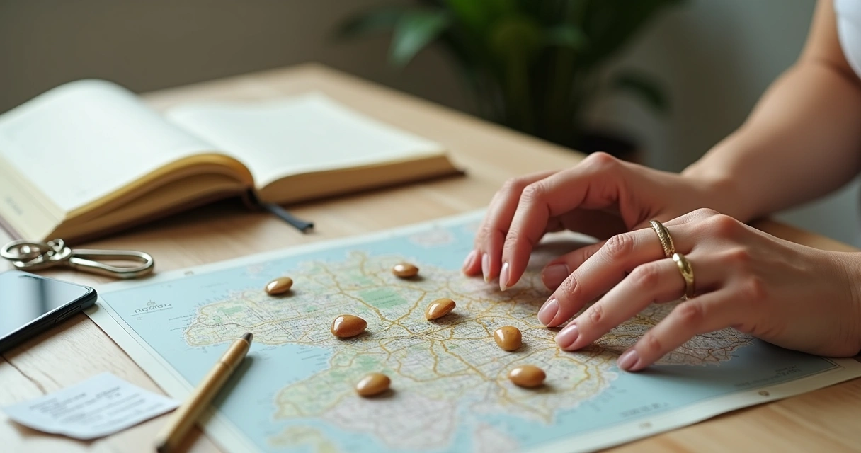 Mãos femininas organizando búzios sobre mapa em mesa clara