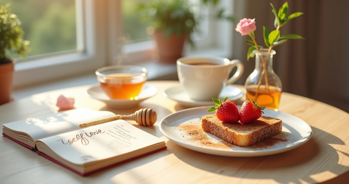 Mesa de café da manhã iluminada com detalhes de ritual de amor-próprio