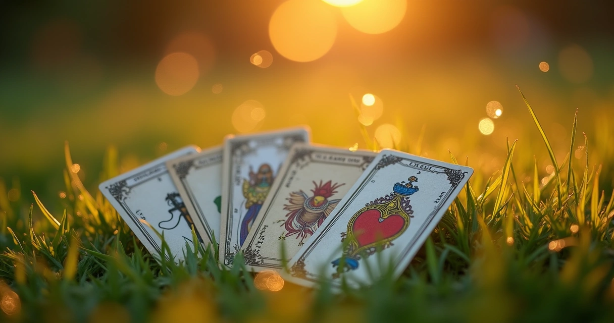 Cartas reversas do baralho cigano em close na grama com fundo desfocado