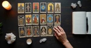 Cartas de tarot organizadas em fileiras simétricas sobre mesa escura com caderno de anotações ao lado