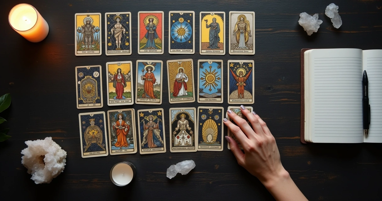 Cartas de tarot organizadas em fileiras simétricas sobre mesa escura com caderno de anotações ao lado