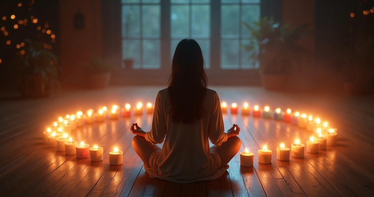 Círculo de velas coloridas ao redor de silhueta meditativa com aura luminosa
