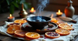 Mesa com frutas desidratadas em círculo ao redor de braseiro para defumação simbólica