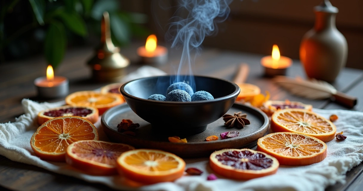 Mesa com frutas desidratadas em círculo ao redor de braseiro para defumação simbólica