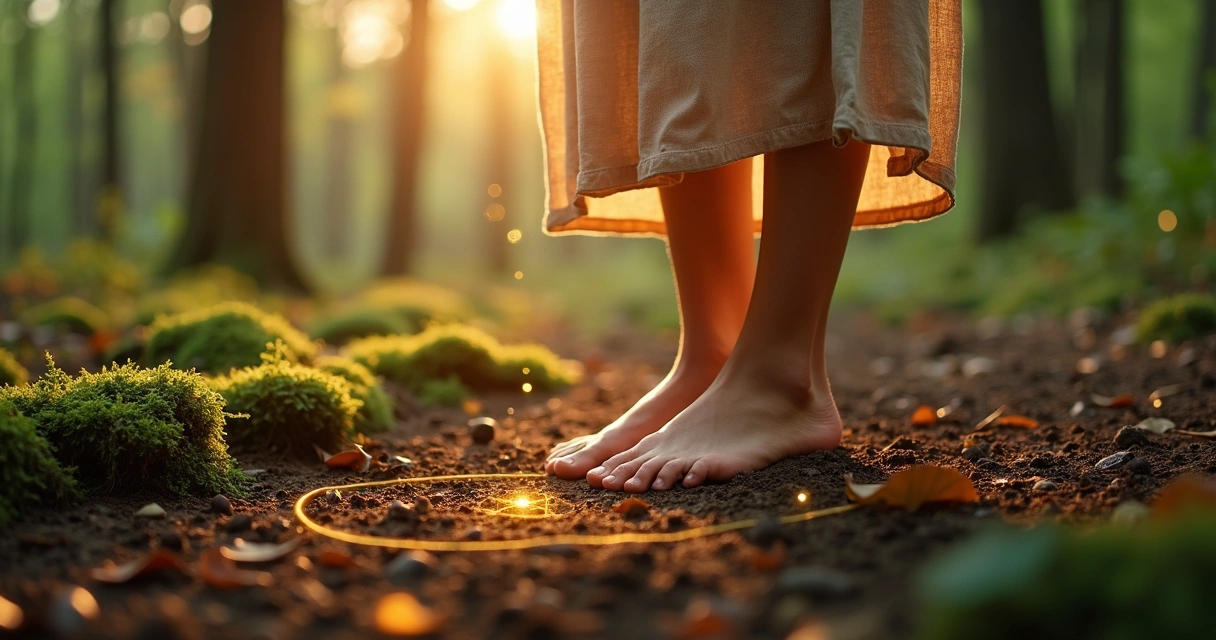 Pés descalços sobre terra úmida com raízes brilhando em luz dourada