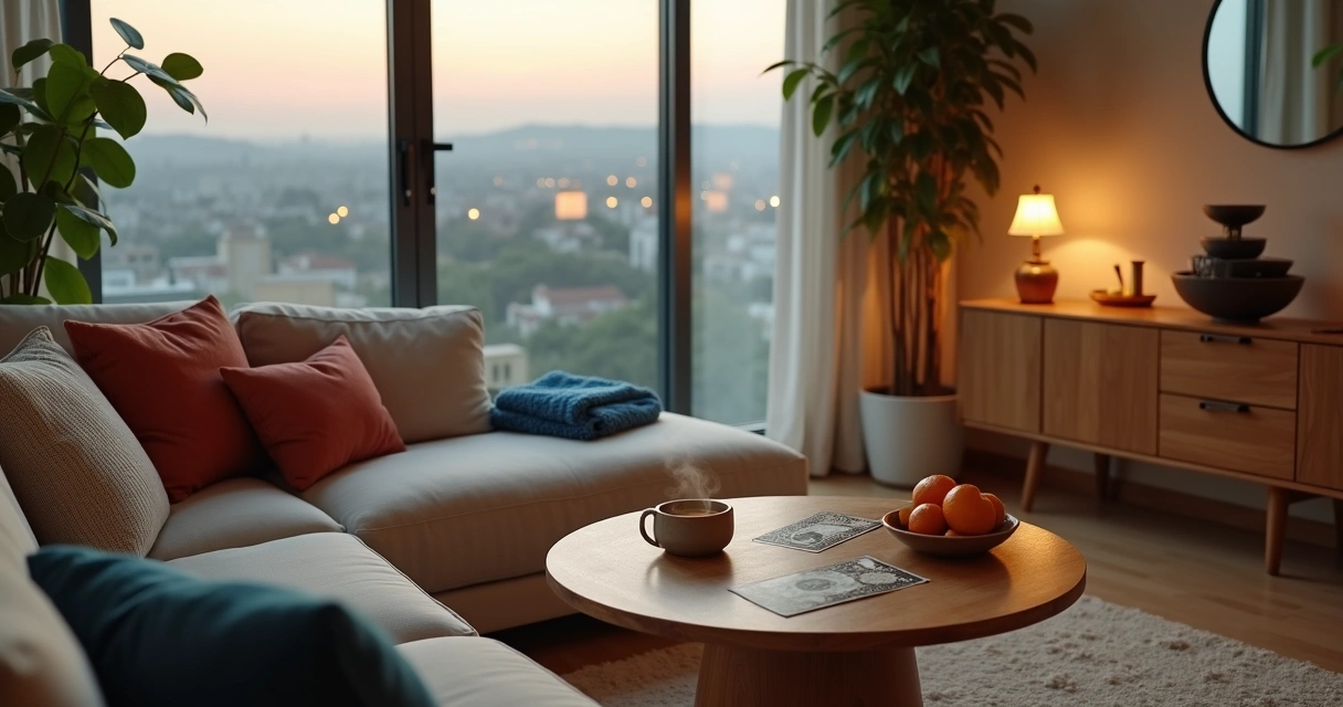 Sala harmonizada com feng shui e cartas de tarot sobre a mesa de centro