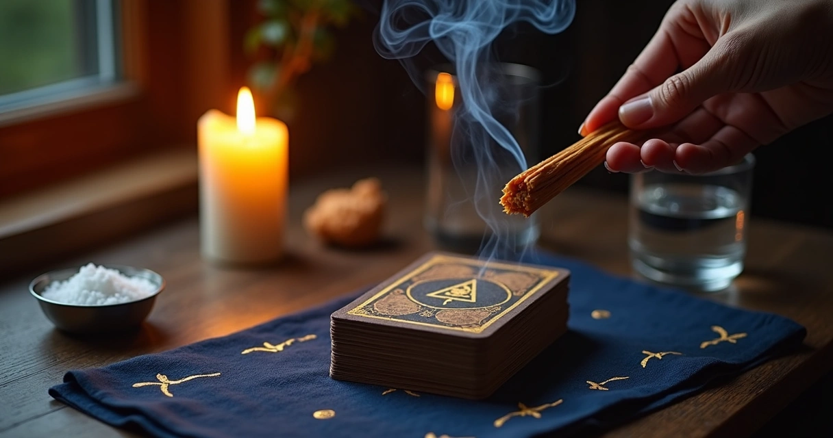 Mesa escura com baralho de tarot sendo purificado por fumaça de incenso e vela acesa ao lado