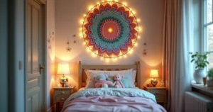 Mandala protetora colorida na parede de quarto infantil iluminado por luz suave