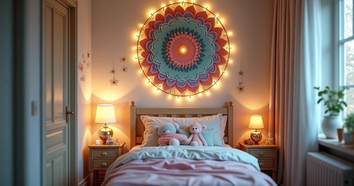Mandala protetora colorida na parede de quarto infantil iluminado por luz suave
