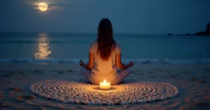 Pessoa meditando com pequenos búzios alinhados em círculo sobre a areia à noite