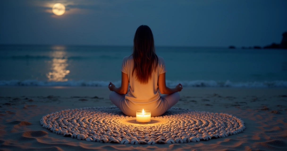 Pessoa meditando com pequenos búzios alinhados em círculo sobre a areia à noite