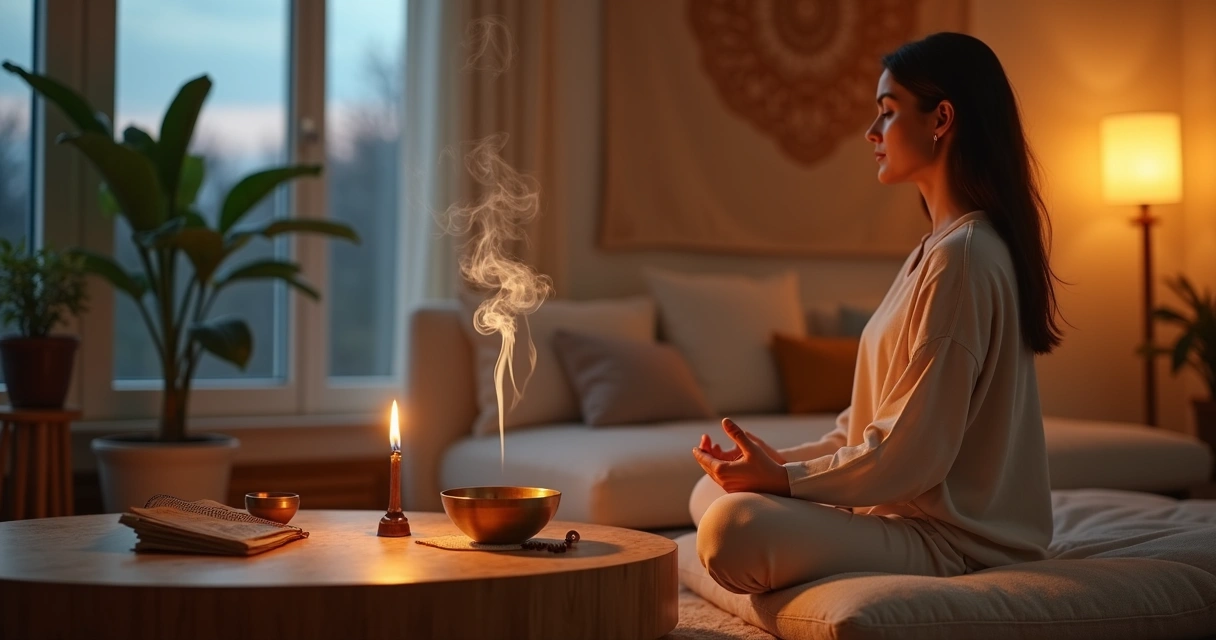 Mulher meditando em sala aconchegante com incenso aceso ao lado