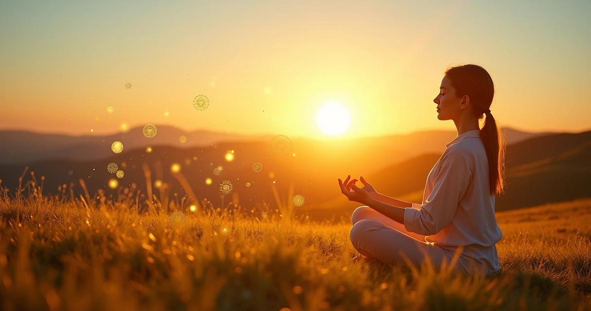 Mulher meditando ao ar livre com o sol forte atrás e moedas douradas ao redor