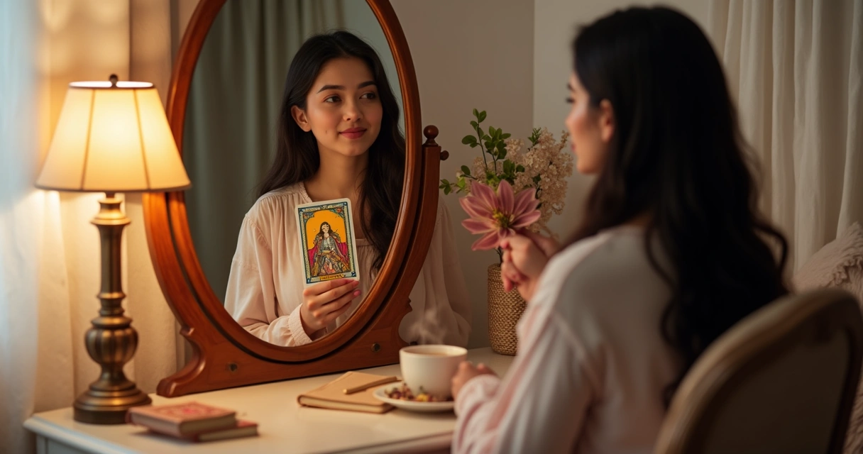 Mulher segura carta de tarot diante do espelho com expressão confiante