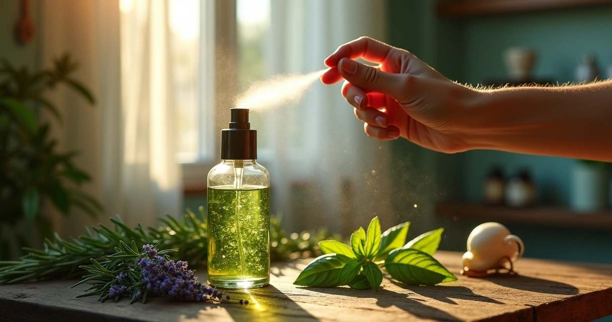 Frasco de perfume de ervas ao lado de folhas verdes com faixa de luz em forma de aura