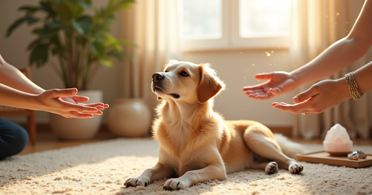 Cão deitado em tapete com família impondo mãos em gesto de proteção energética