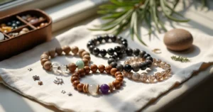Pulseiras de proteção feitas com pedras naturais e sementes sobre tecido claro
