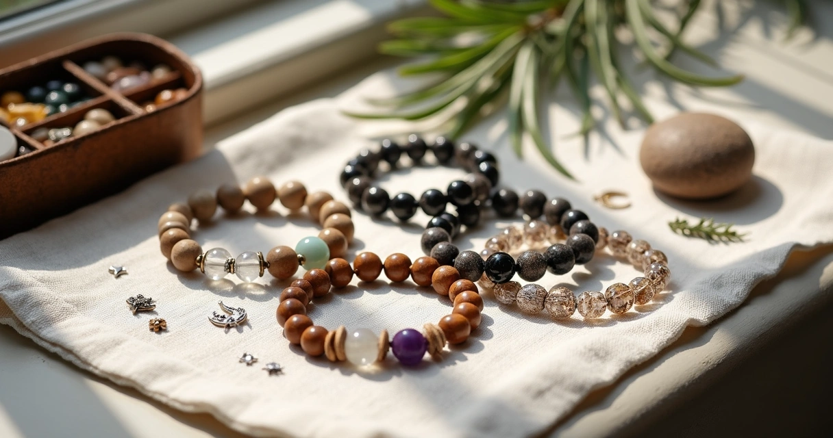 Pulseiras de proteção feitas com pedras naturais e sementes sobre tecido claro
