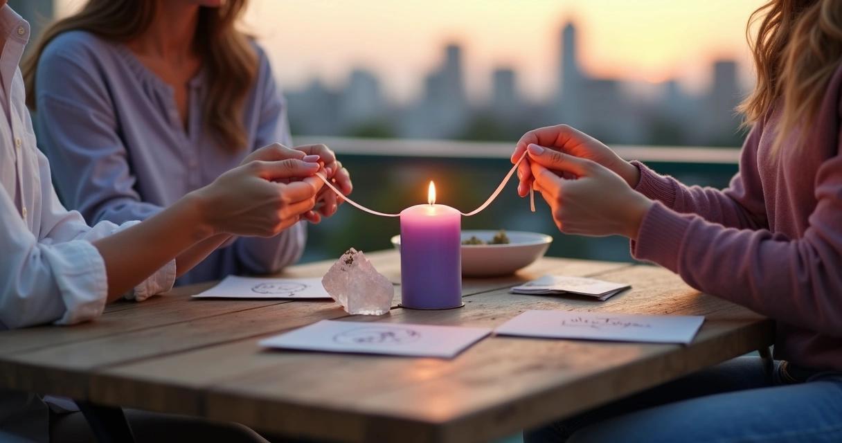 Grupo de amigas fazendo ritual com vela lilás em mesa com cristais ao entardecer