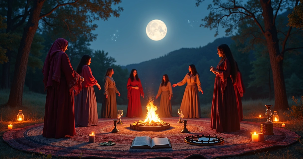 Ritual cigano ao ar livre sob lua cheia com tambores e lanternas