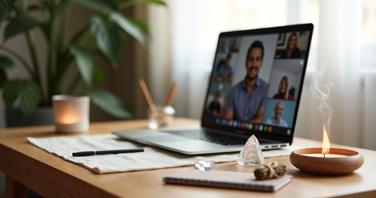Mesa com notebook aberto, incenso aceso e cristal próximo antes de reunião virtual