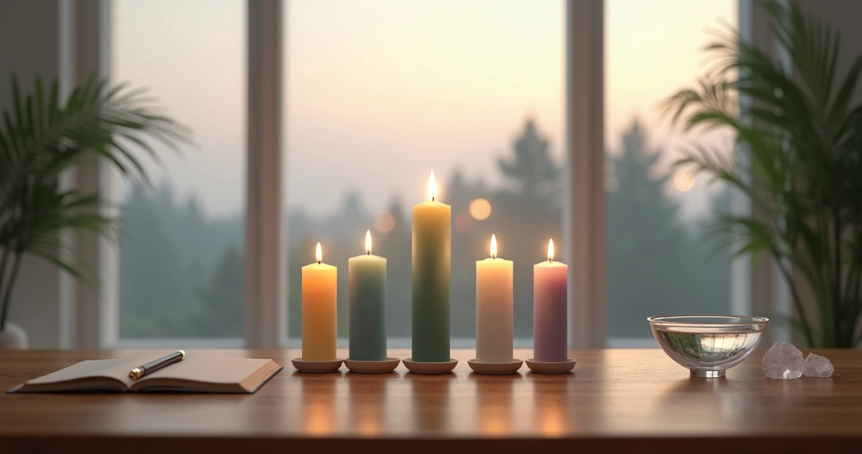 Mesa com velas coloridas acesas alinhadas diante de uma janela ao entardecer
