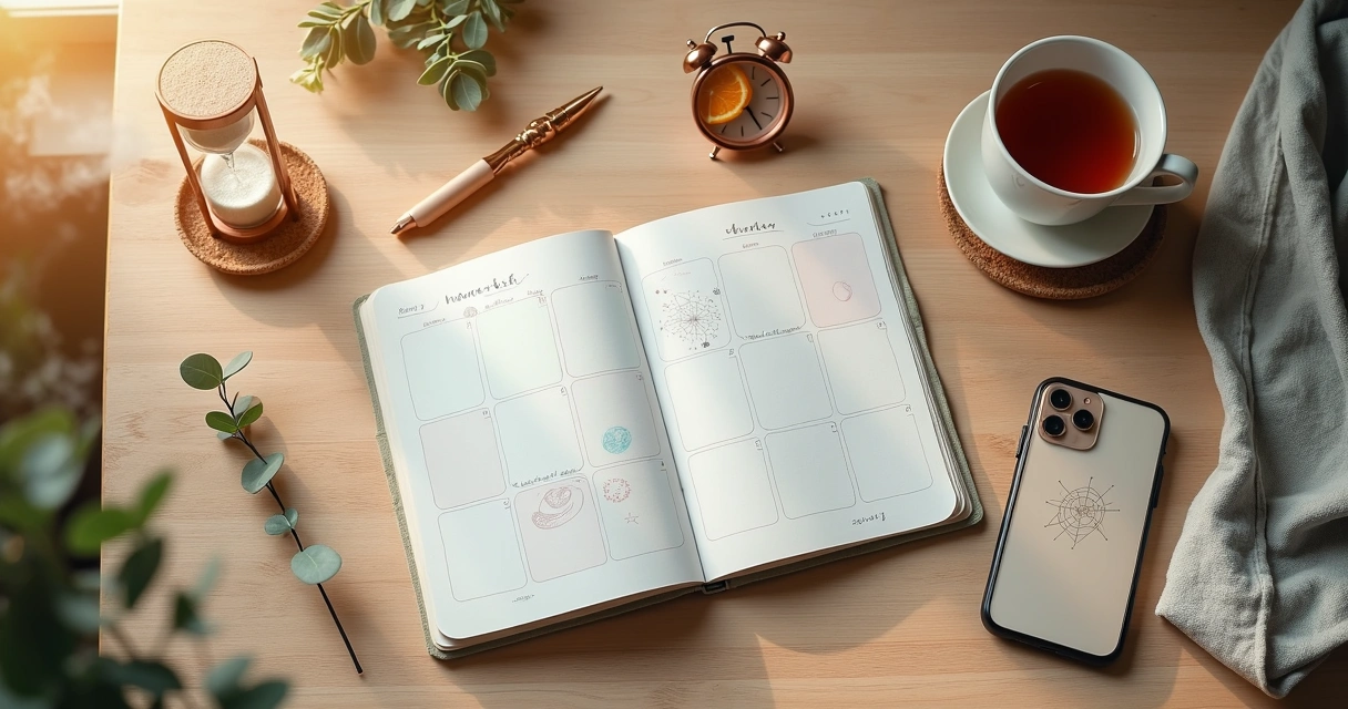Mesa organizada com planner e objetos esotéricos para rotina equilibrada