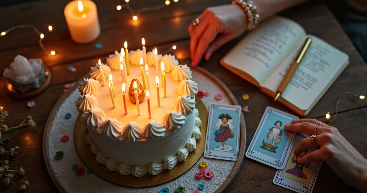 Mesa de aniversário com baralho de tarot ao lado de bolo e velas acesas