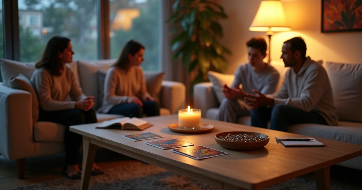 Mesa de sala com família em círculo e tarot e búzios ao centro