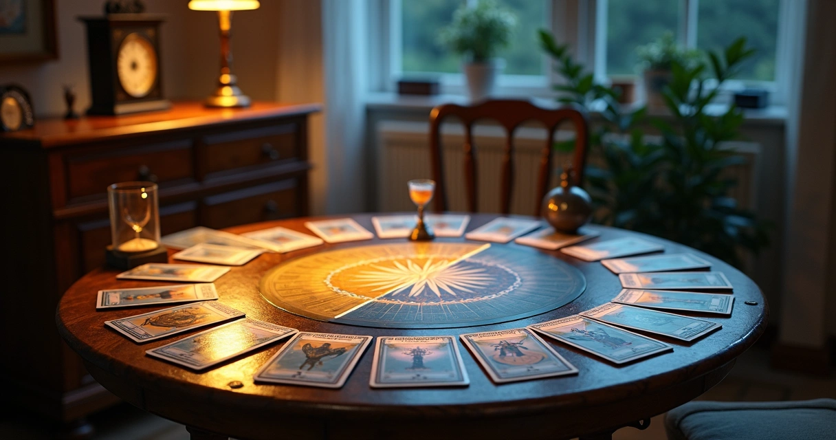 Mesa com cartas de tarot mostrando padrões circulares de ciclos de sorte e azar