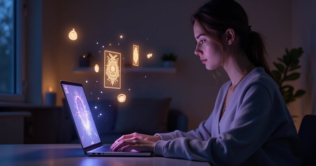 Mulher em frente ao notebook em sala escura com cartas de tarot digitais flutuando ao redor